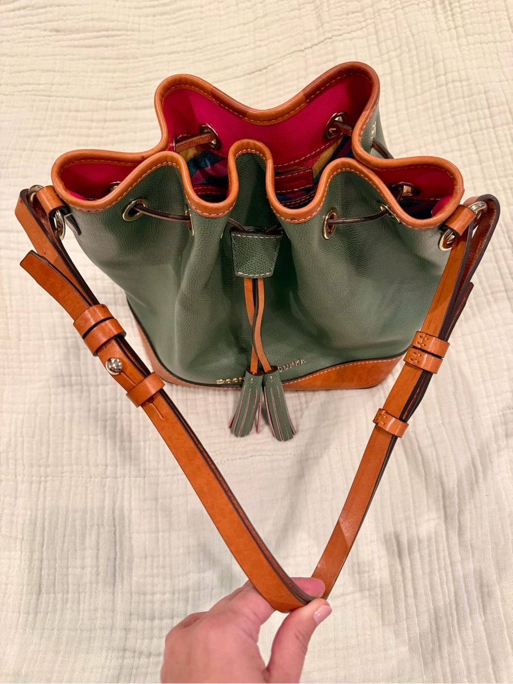 Dooney & Bourke Olive Green Leather Drawstring Bucket Bag w/ Tan Trim - Picture 6 of 9